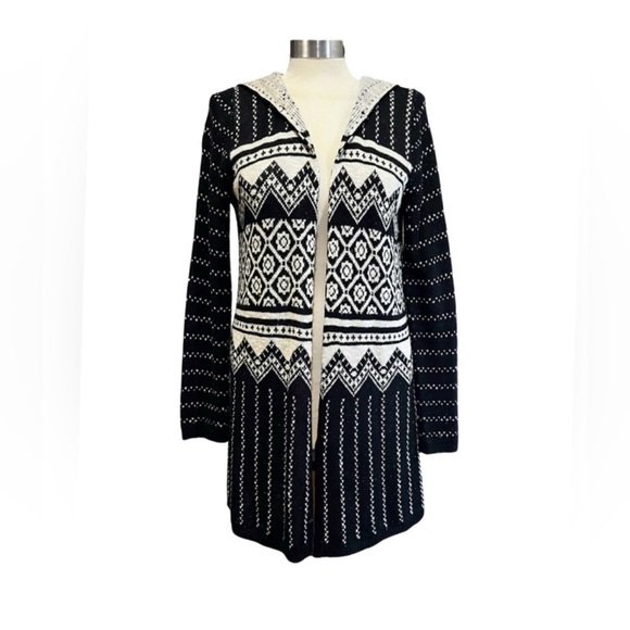 One World Long Hooded Cardigan Black & White Sweater Women’s size Medium - Picture 7 of 7
